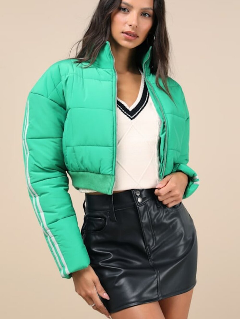 Lulus Impressively Posh Green Nylon Quilted Cropped Puffer Jacket - Size XS